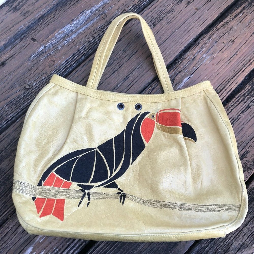 R&Y Augousti Purse Toucan Bird Black Orange Gold Embroidery Butter Leather Bag